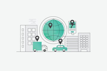 Transport service booking, Online cab service, monitoring cab, truck location, logistics service, transport application on mobile, vector illustration artwork.
