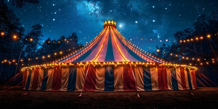 Colorful and illuminated circus tent with stars in the night sky. Concept Circus tent, Night sky, Stars, Colorful, Illuminated