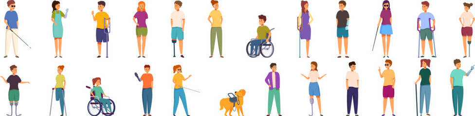 Obraz premium Disabled children icons set cartoon vector. Family handicapped kids. Health problem