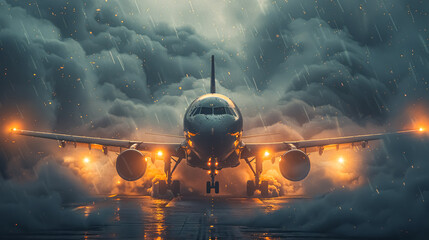 Airplane in the rain. 3D illustration. 3D rendering. - obrazy, fototapety, plakaty