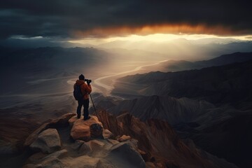 Adventurous Hiker Overlooking Desert at Sunset