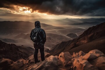 Adventurer Overlooking Mountainous Landscape at Sunset - obrazy, fototapety, plakaty