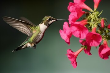 A Hummingbird is Feeding From a Pink Flower