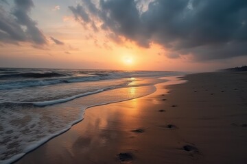 Serene Sunset and Footprints Along the Beach