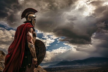 Fototapeta premium A warrior in ancient armor standing against a dramatic sky.