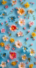 This image features a vibrant array of paper flowers in different colors and sizes on a blue background. Seamless pattern of beautiful flowers on a blue background.
