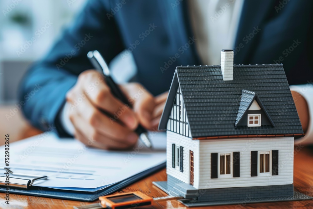 Poster a person in a suit signing a document with a model house on the table.