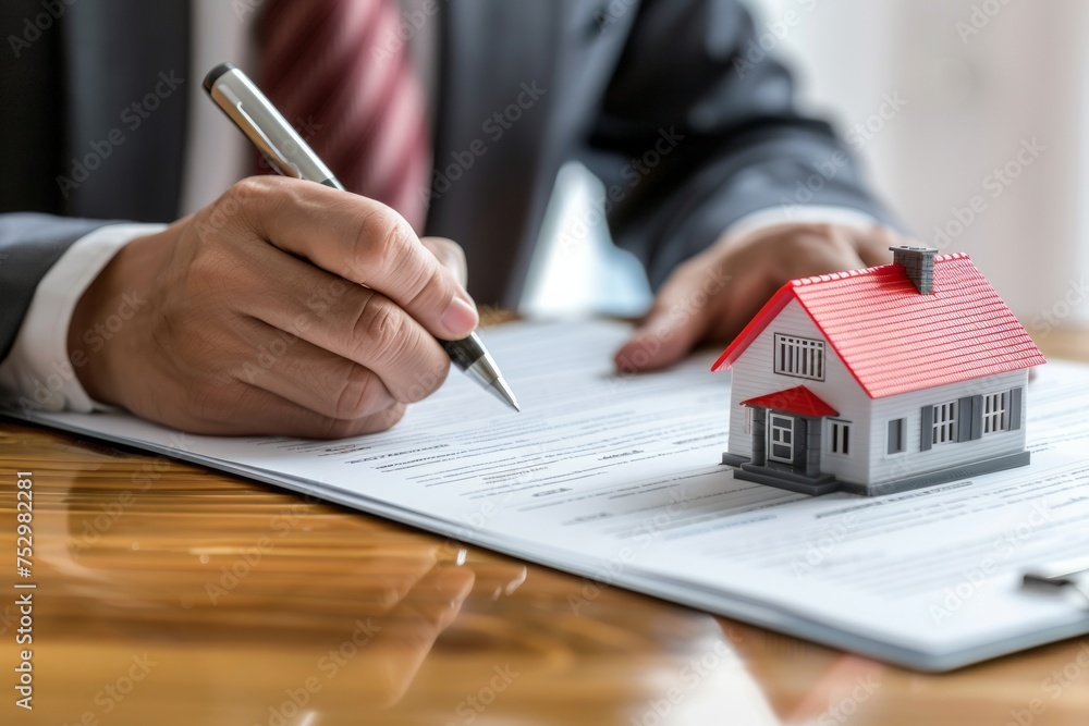 Poster a person in a suit signing a document with a model house on the table.