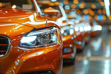 A row of shiny new orange cars at a dealership.