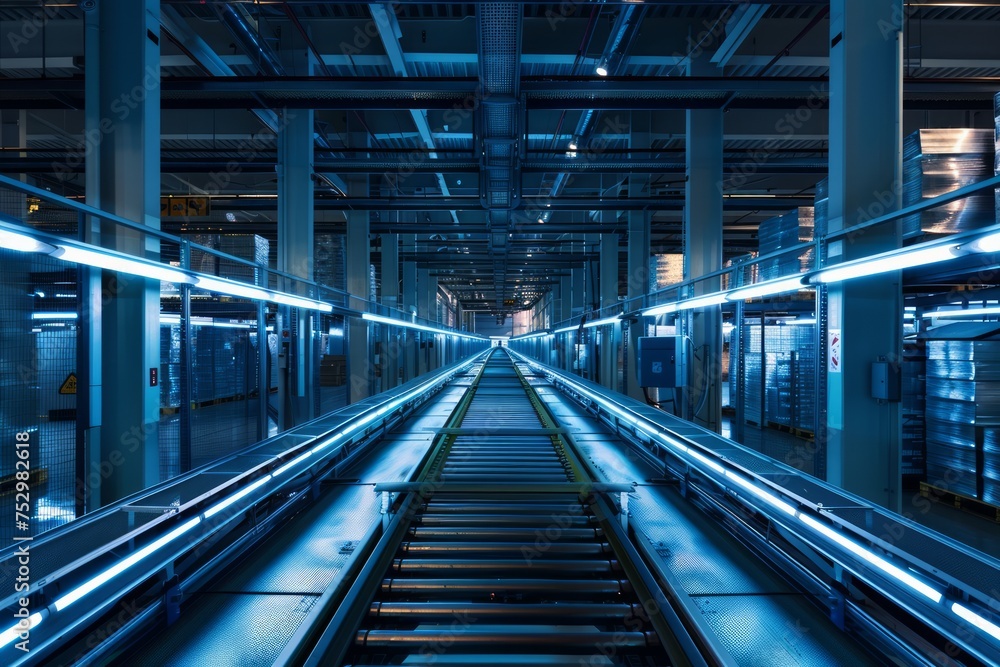 Poster An advanced automated warehouse with a conveyor system and digital interfaces.