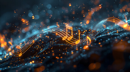 Music notes on colorfull  background,Glowing music sheets notes on beautiful lights bokeh background.
 - obrazy, fototapety, plakaty