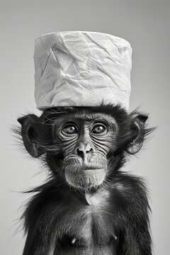 Toilet paper roll balancing on monkey head. An ironic and humorous image of a monkey, its face censored, with a roll of toilet paper perfectly balanced on its head