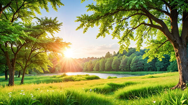 Beautiful landscape with green meadow and trees in sunny day.