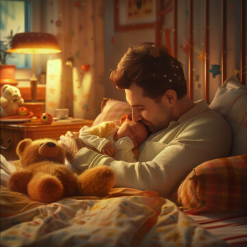 Father and Baby Enjoying Peaceful Nap Together on Cozy Bed with Teddy Bear