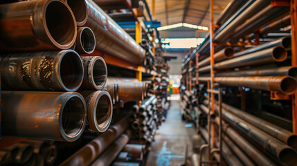 Warehouse full of rusty steel pipes