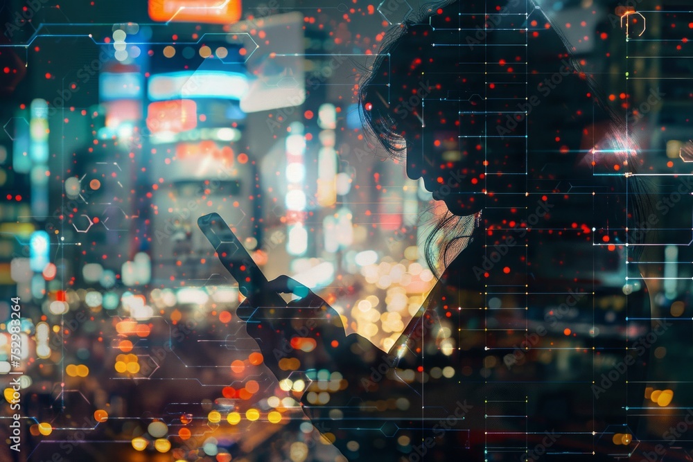 Poster double exposure of a person using a smartphone and cityscape with digital overlay.