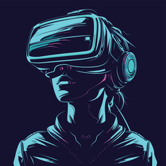 Vector illustration girl wearing VR googles - obrazy, fototapety, plakaty