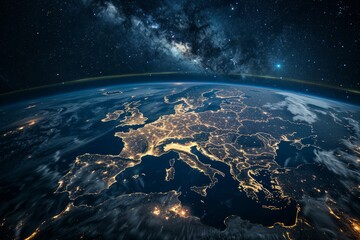 View of Earth from space highlighting Europe's city lights at night.