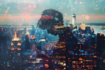 Double exposure of a person using a smartphone and cityscape with digital overlay.