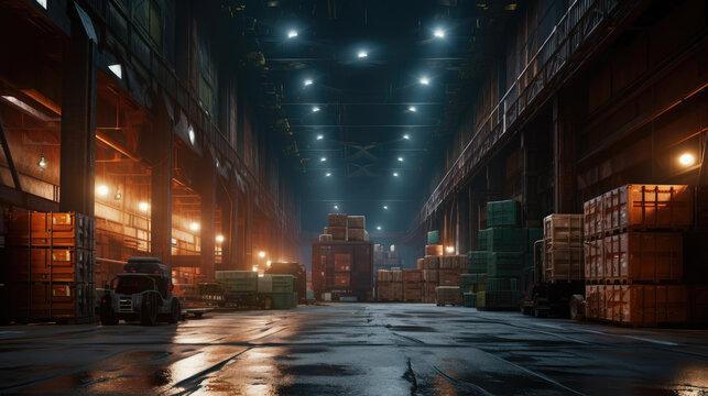 Illuminated Industrial Warehouse at Night