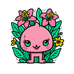 Illustration of a Pink Headed Character in a Lively Garden