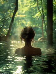 girl basks in the soothing waters of a natural outdoor hot spring. healing spa photo