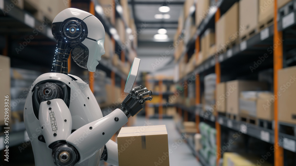 Poster modern humanoid ai robot using tablet working at warehouse of a shipping company, ai replacing human