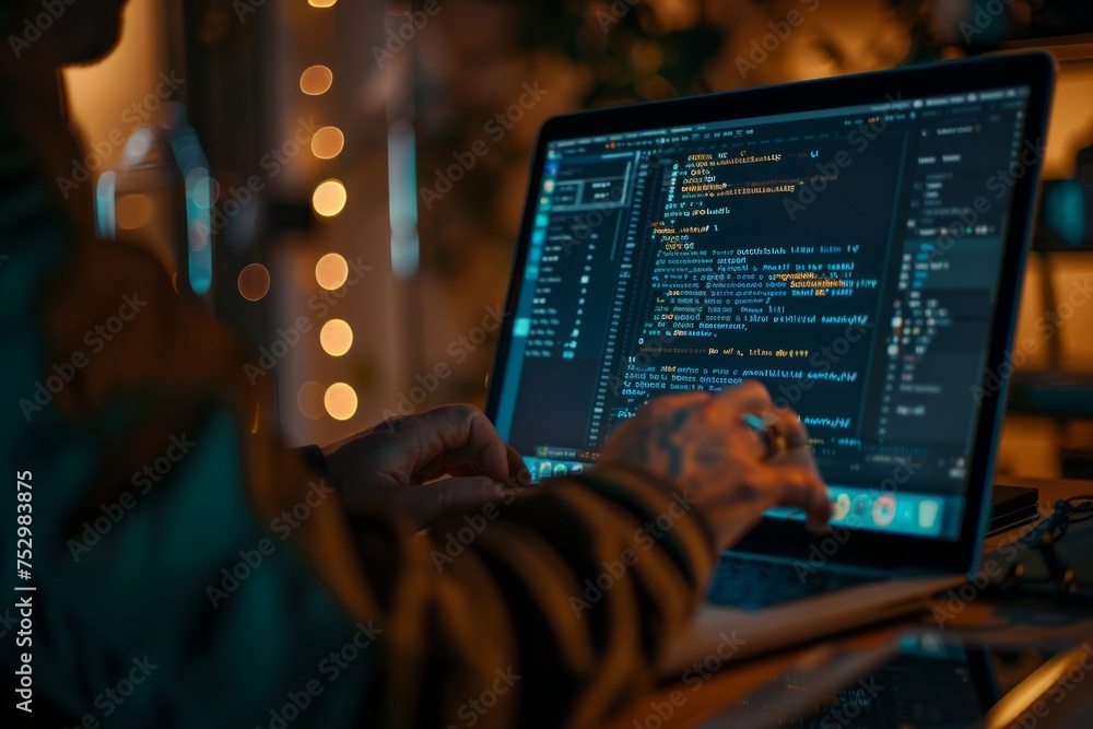 Aufkleber person working on a laptop with coding software.