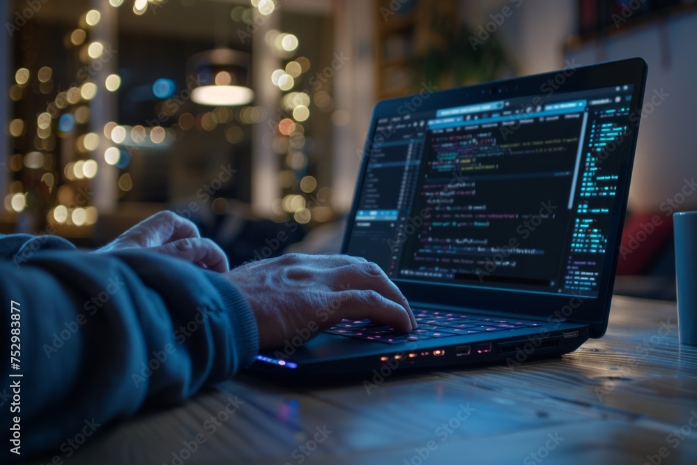 Aufkleber person working on a laptop with coding software.