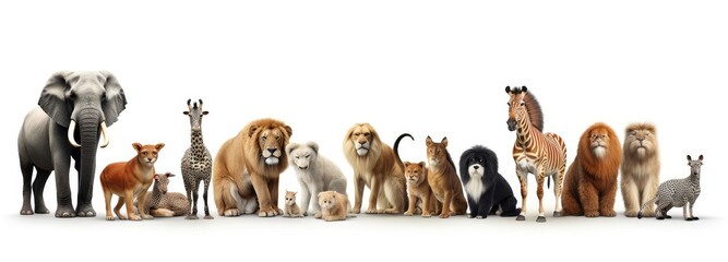 Panoramic Lineup of Diverse Wild Animals on White