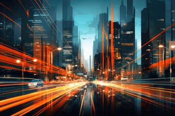 Futuristic Cityscape with Blurred Traffic Lights at Dusk - obrazy, fototapety, plakaty