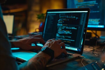 Person working on a laptop with coding software.