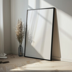 Mockup of Black Wooden Frame Leaning Against the Wall