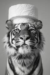 Toilet paper roll balancing on tiger head. An ironic and humorous image of a tiger, its face censored, with a roll of toilet paper perfectly balanced on its head