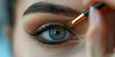 A professional artist skillfully applies eye makeup on a woman's eyelids. Concept Makeup artist, Eye makeup, Professional skills, Woman, Eyelids