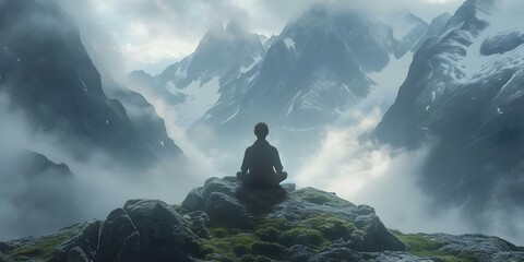 A man finds peace in nature meditating amidst breathtaking mountain scenery. Concept Nature, Meditation, Peace, Mountains, Serenity - obrazy, fototapety, plakaty