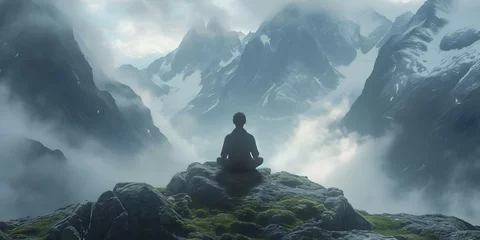 Fotobehang A man finds peace in nature meditating amidst breathtaking mountain scenery. Concept Nature, Meditation, Peace, Mountains, Serenity © Ян Заболотний