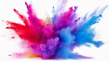 a colorful splash painting on white background, blue pink purple powder dust paint red explosion explode burst isolated splatter abstract. rainbow smoke or fog particles explosive special effect - obrazy, fototapety, plakaty