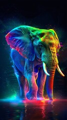 Obraz na płótnie Canvas An enchanting depiction of a majestic elephant adorned in vibrant neon hues reflecting in tranquil waters against a dynamic, dark background.