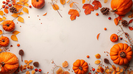 Autumn and thanksgiving decoration concept made from autumn leaves and pumpkin on white textured  background. Flat lay, top view with copy space.