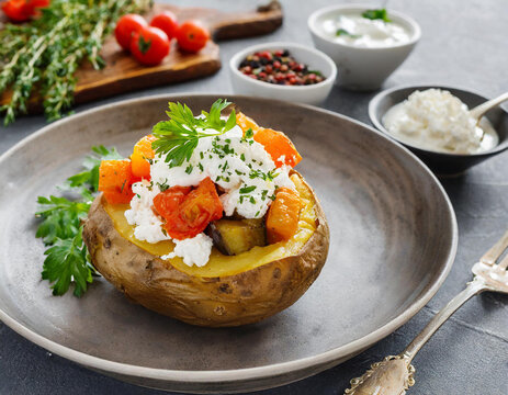 Baked potato with vegetables and cottage cheese on top