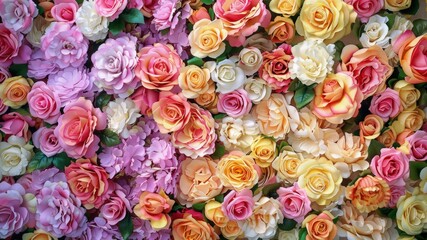 Dazzling rose blooms create a vibrant backdrop, perfect for any project. Explore the beauty of colorful flower walls.