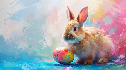 Easter Bunny with Colorful Easter Egg in Digital Painting Style, To provide a high-quality and eye-catching Easter-themed illustration for use in
