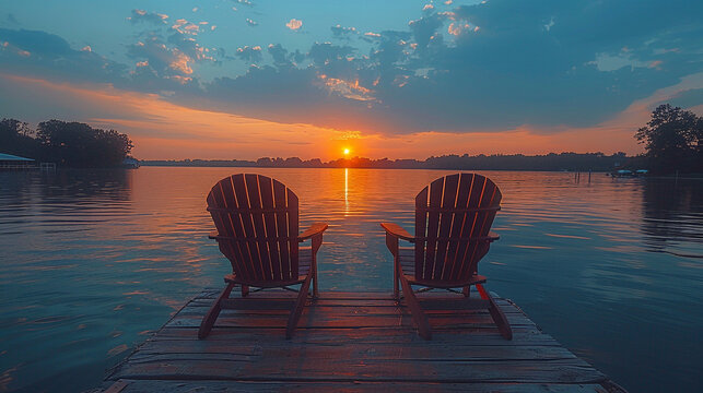 two benches overlooking the lake with sunset views