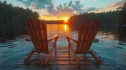 two benches overlooking the lake with sunset views - Powered by Adobe