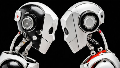 Close up of contrasting black and white robots look each other on solid black background