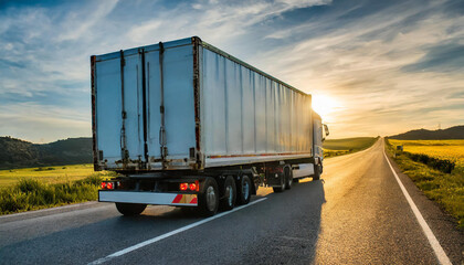 Close-up of a cargo truck on the road at sunset