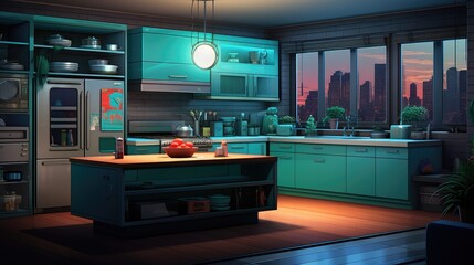 Modern Kitchen Interior with Sunset City View