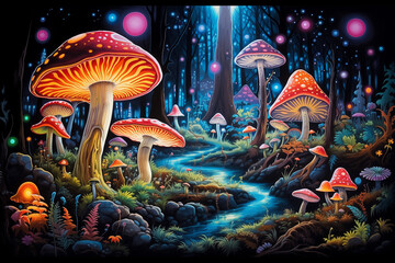 Glowing mushrooms, mystical forests, psychedelic colors - obrazy, fototapety, plakaty