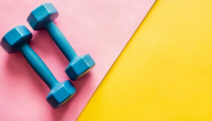 Dumbbells flat lay on pink and yellow